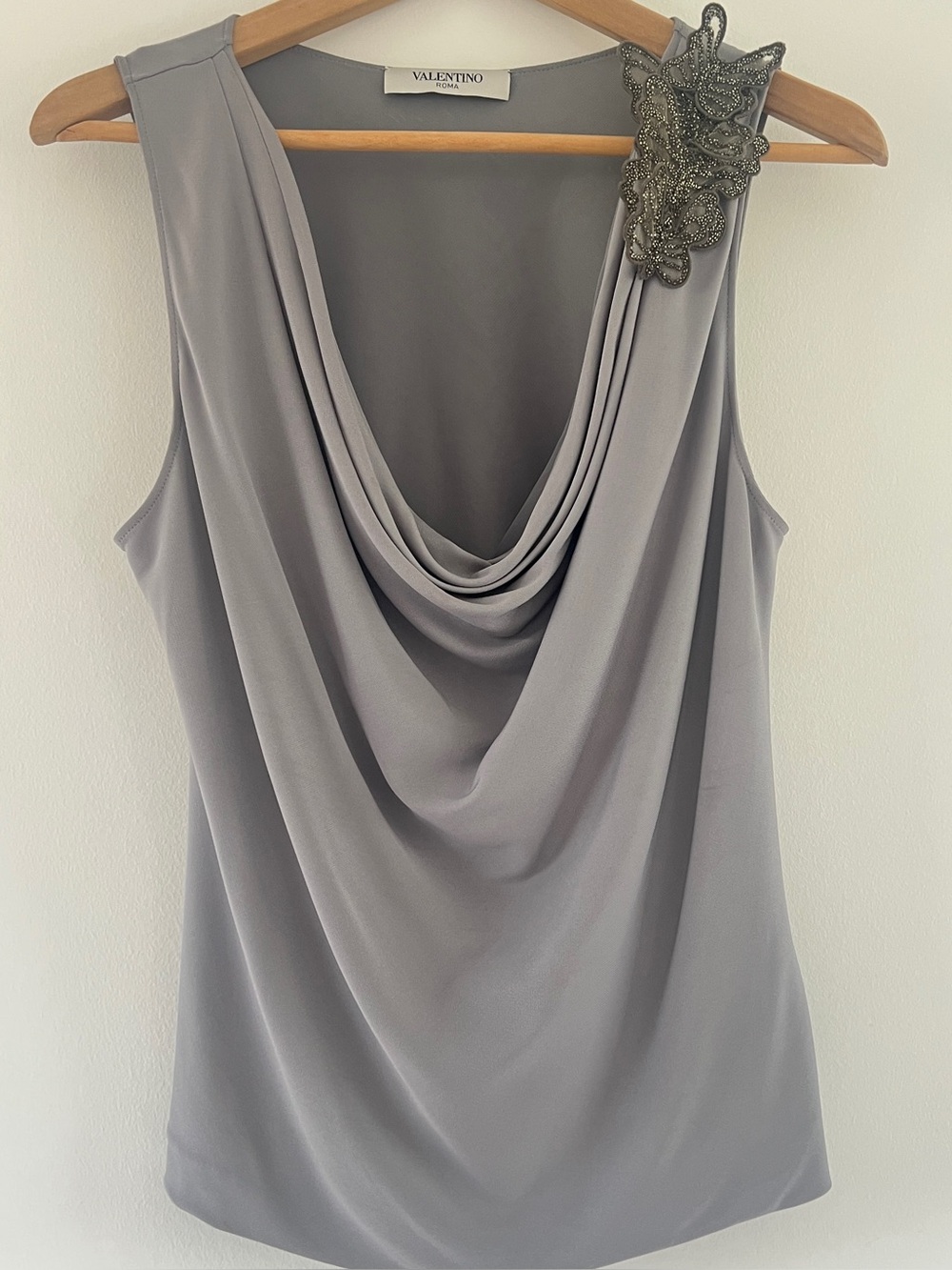 Valentino Roma Silk Draped Top Beaded Shoulder Butterfly Gray M